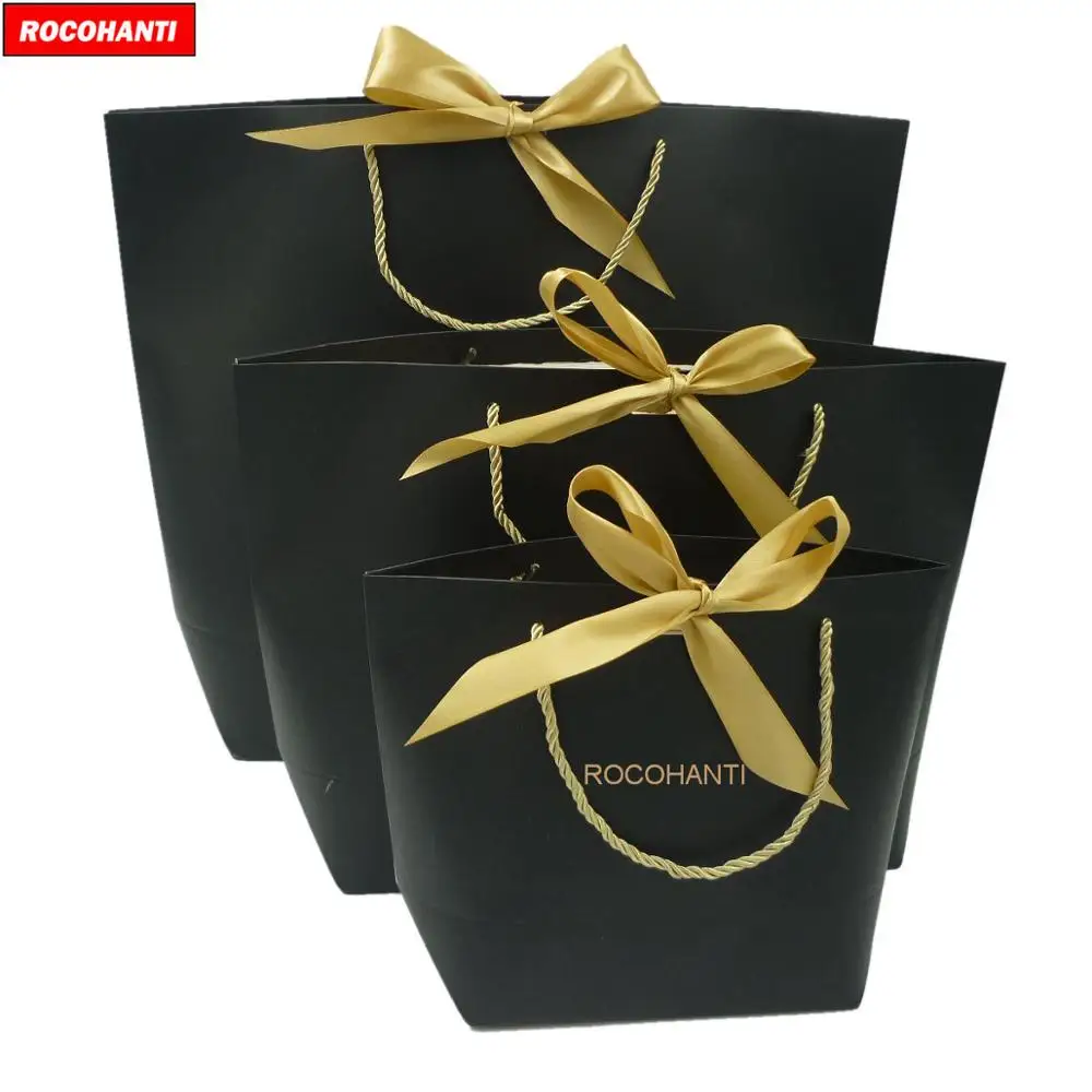 

50X Custom Printed Your Own Logo Thick 250grams Black Cardboard Paper Clothing Gift Shopping Paper Bag With Gold Ribbon Handles