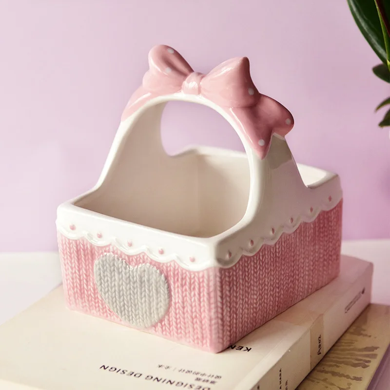 Cesta de cerámica con forma de corazón para niña rosa, caja de almacenamiento de cosméticos para hámster, oso de alambre dorado, productos para el hogar para mascotas