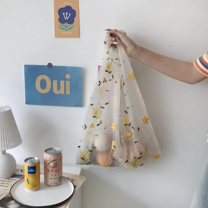 Bolso de mano transparente para mujer, bolsa de tela de hilo de Organza doble, bolso de flores bordado, bolso de compras ecológico de alta calidad, monederos para niñas