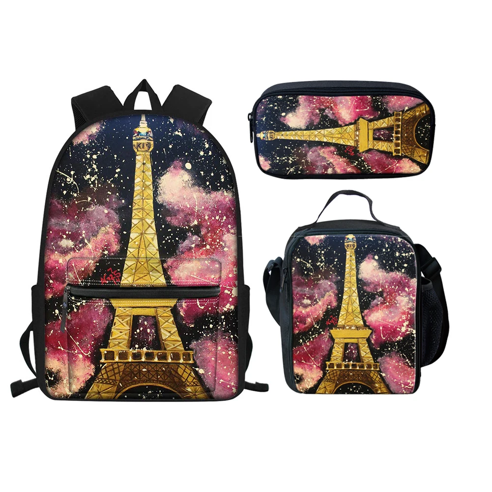 

ELVISWORDS Customize Student Bagpack 3 Pcs/set Teenager School Bags Eiffel Tower Print Backpack for Boys Girls Kids Book Bag New