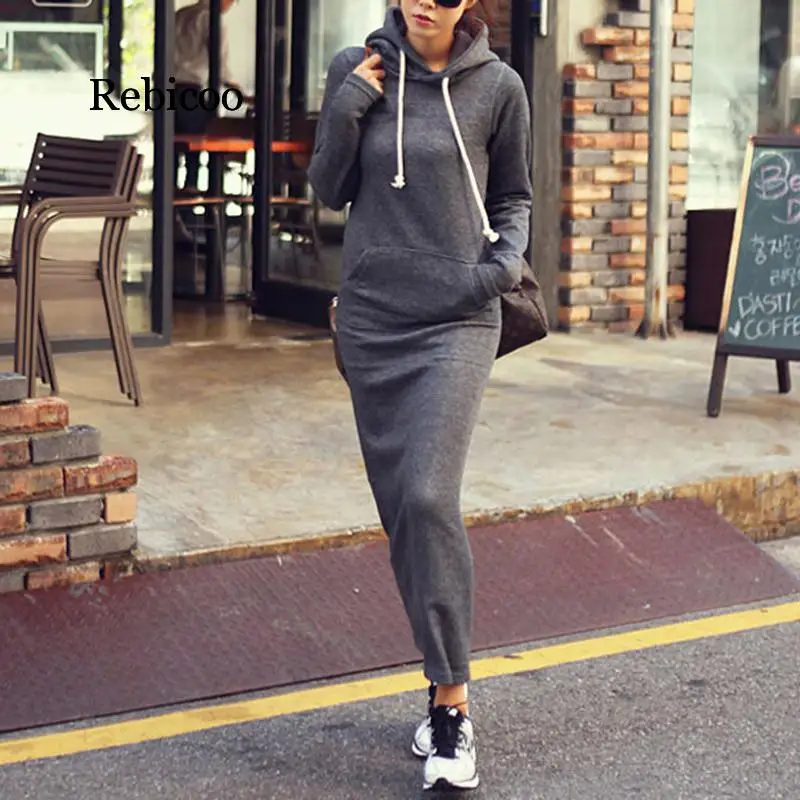 Casual Hooded Dress Women Autumn Winter Warm Sweater Dress Fur Fleece Long Sleeve Hoodies Slim Maxi Long Dress Black Female