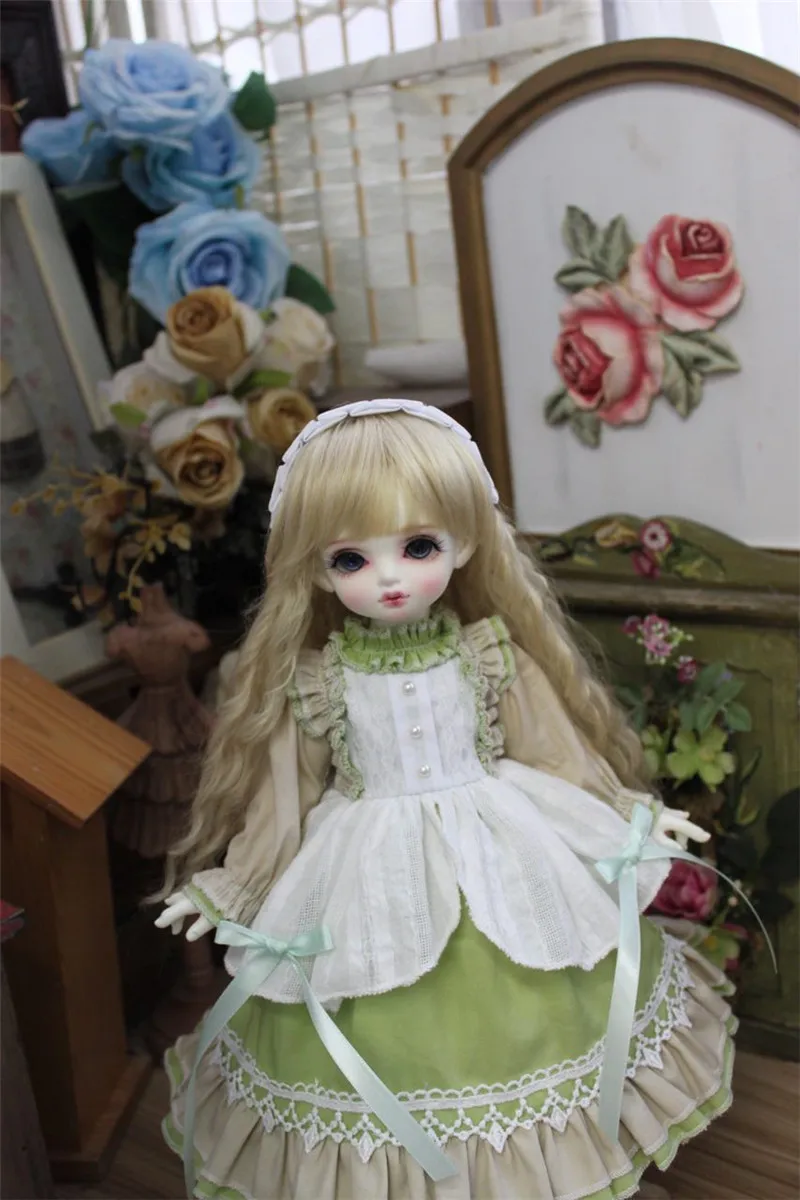 

Одежда для куклы BJD 1/3 1/4 1/6 Blythes светильник-зеленый наряд горничной и фартук sen на завязках ретро аксессуары (платье + головной убор)