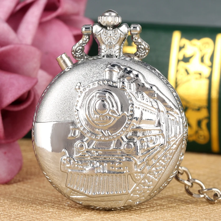 Silver Luminous LED Dial Quartz Pocket Watch Carved Train Locomotive Engine Steampunk Motor Railway Chain Pocket Fob Watches