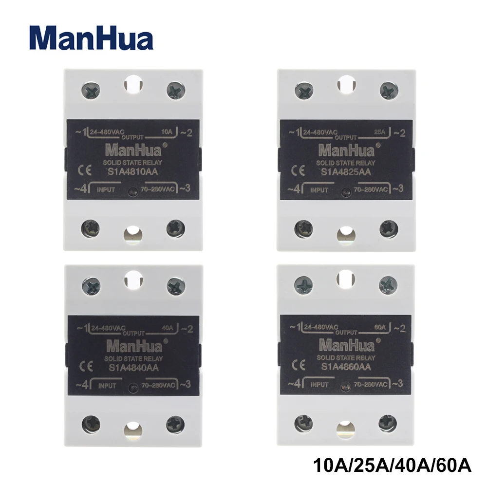 ManHua Single Phase Solid State Relay SSR AC-AC 10A/25A/40A/60A 70-280VAC Input to 24-480VAC Output