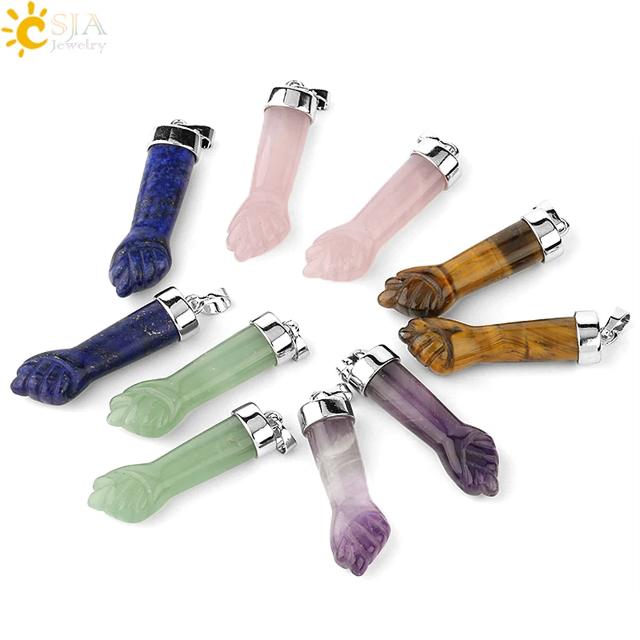 Natural Stone Pendants Necklaces Carved Fist Arm Amethysts White Crystal Pink Quartz Tiger Eye Lapis Aventurine Jewelry G291