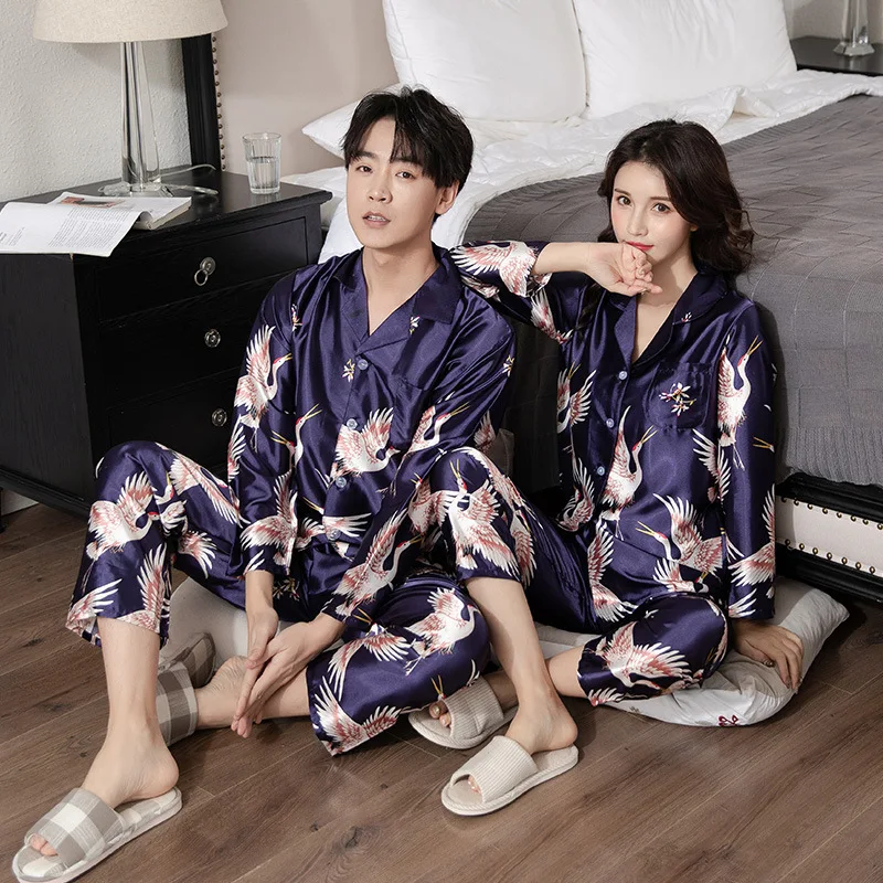 

Summer Lovers Rayon Home Clothes Couple Silk Pajamas Pyjama Set For Women Men Chinese Crane Printed Long Sleeve Sleepwear