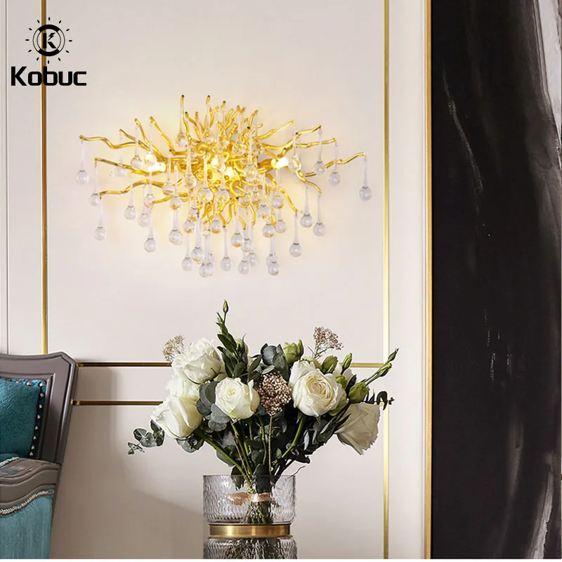 Kobuc Modern G9 LED Living Room Wall lamps Luxury Crystal Water Droplets Sconce for Bedroom Aisle TV Background Indoor Wall Lamp