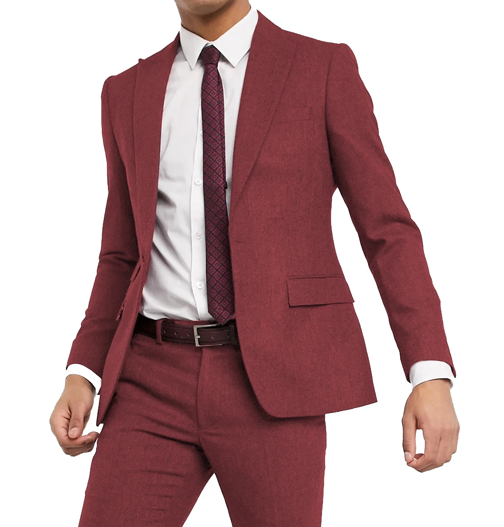 

New Vintage Burgundy Men's 2-Pcs Suit Herringbone Tweed Tuxedos Groomsmen For Wedding custom size (Blazer+Pants)