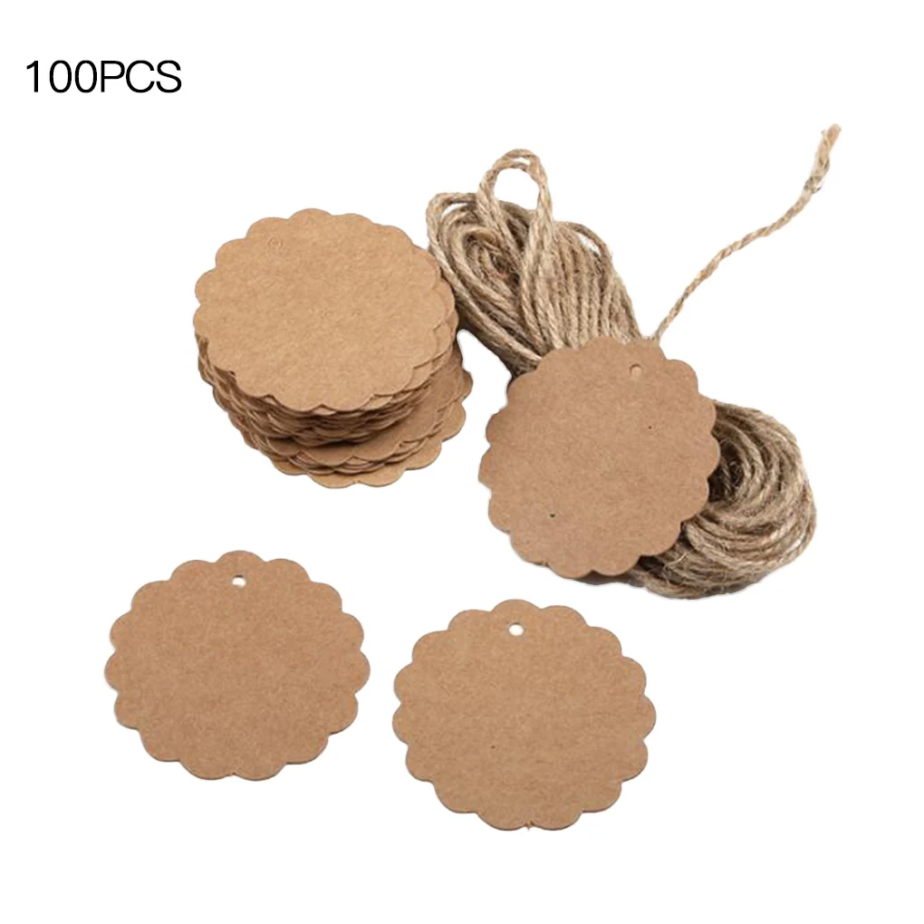 100Pcs Blank Kraft Paper Tag Hanging Hole Gift Label Diy Craft Paper with Hairy Twine