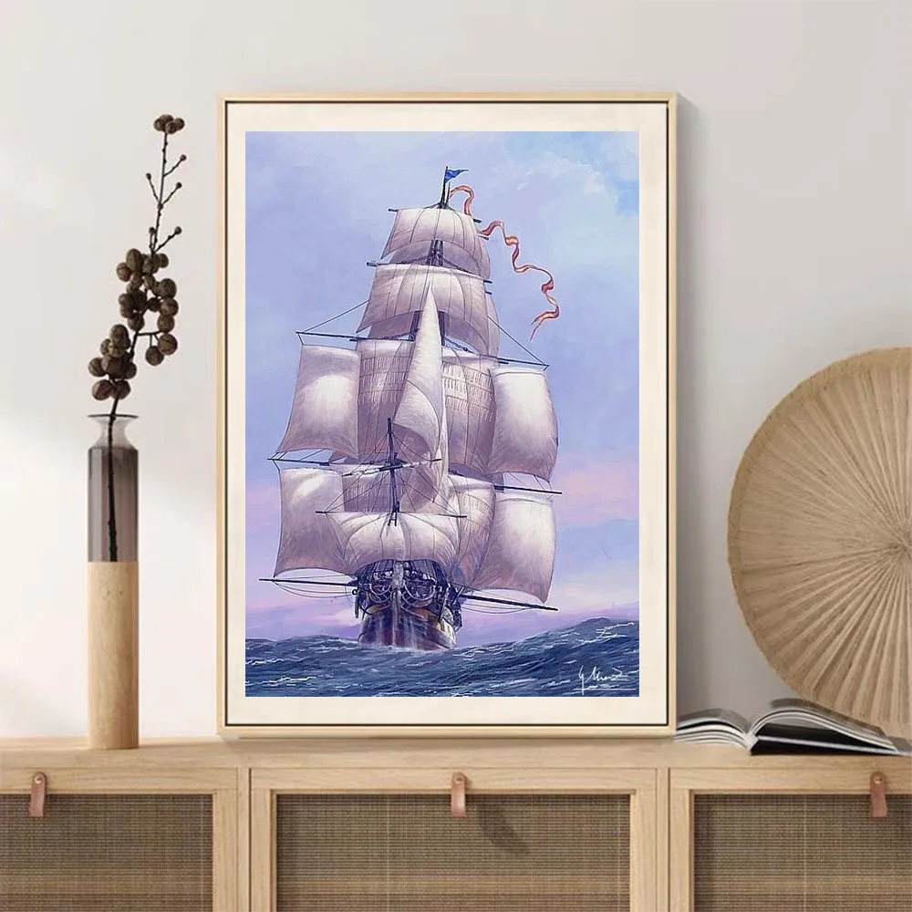 5D DIY Diamond Painting Ship Sailboat Corss Stitch Kit Full Drill Round Embroidery Mosaic Art Picture of Rhinestones Decor Gift