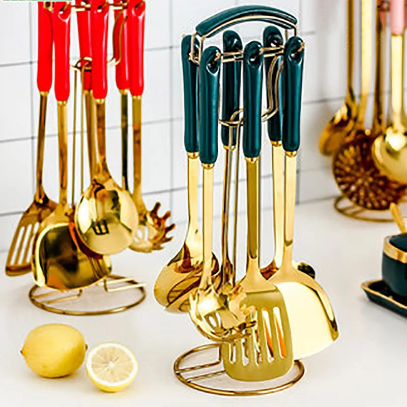 

Ceramic Anti-hot Handle Kitchenware Luxury Food Shovel Set Of 7 Pieces Ins Cooking Scoop Colander Golden Series noodle strainer