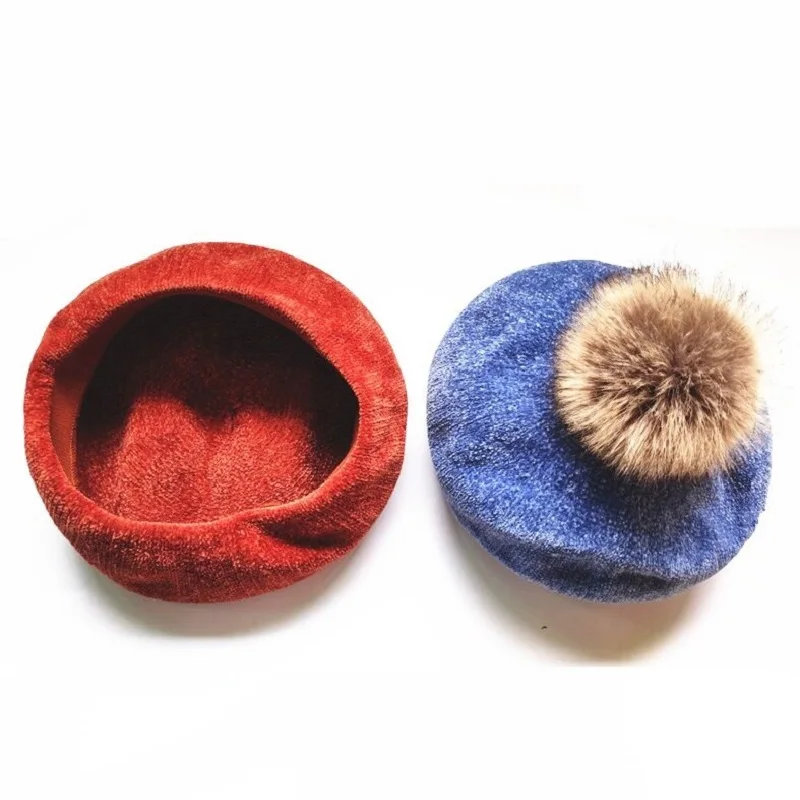 2021 Fashion Winter Children Wool Soft Beret Caps Autumn Women\'s Casual Polyester Fur Pom Pom Beret Caps Hats Gorras