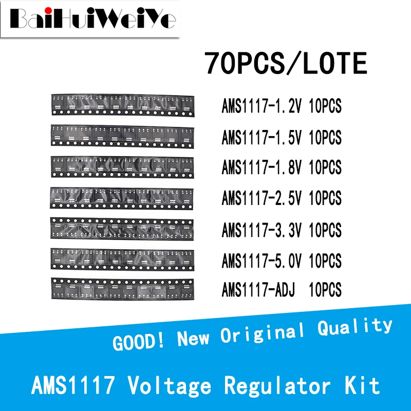 Kit de tension Sochi AMS1117, 1.2V, 1.5V, 1.8V, 2.5V, 3.3V, 5.0V, ADJ 1117, 7 valeurs, 10 pièces chacune, SOT223, 70 LOTE