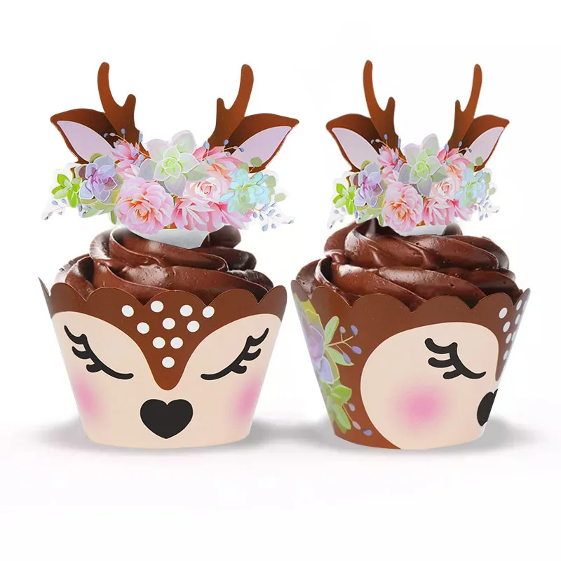 12/24 stücke Cartoon Sika Deer Cupcake Wrapper Geweih Papier Kuchen Topper Frohe Weihnachten Weihnachten Neue Jahr Geburtstag Party Dekoration – Detail 7