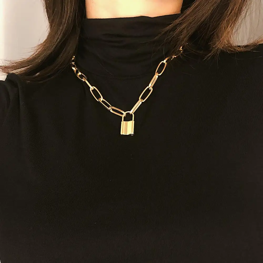 Rock Choker Lock Necklace Layered Chain On The Neck With Lock Mujer Key Padlock Pendant Necklace For Women Gift Punk Jewelry