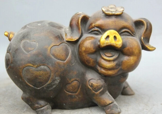 wholesale factory 8" Chinese Bronze Gild Animal Zodiac Year Auspicious Pig flower Statue sculpture 25% off