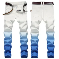 New Fashion Gradient Color Small Straight Stretch Jeans Male High Street Slim Jeans Long High Quality Casual Denim Pants White