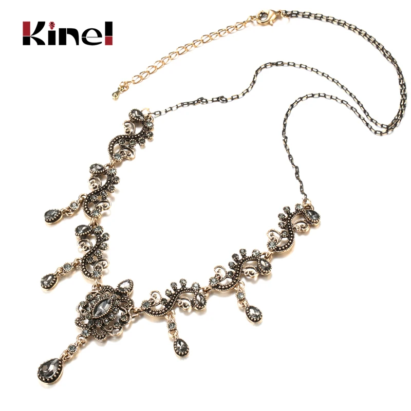 Kinel Luxury Grey Crystal Flower Necklace For Woman Boho Ethnic Wedding Jewelry Antique Gold Color Vintage Necklace Wholesale