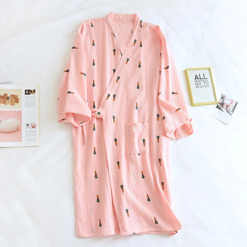 100% Cotton Crepe Pajamas Women's Summer Robes Thin Cartoon Carrot 4-color Japanese Kimono Bathrobe V-neck Household Clothes