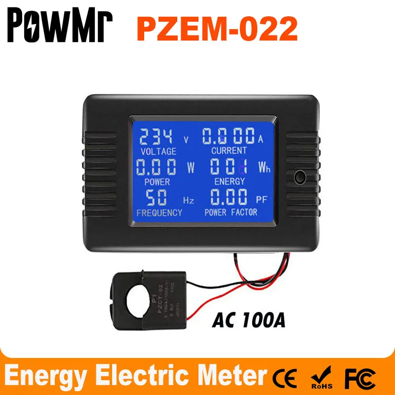 PowMr PZEM AC 6in1 220V100A Single Phase Digital Ampermeter Power Energy Voltmeter Ammeter Volt Watt Kwh Factor Meter Split CT