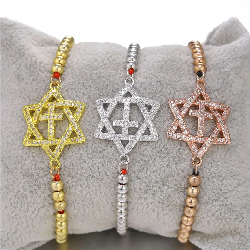 DIY Craft Jewelry Charm Bracelets Micro Pave Zircon Star Of David Bracelets For Women Girls Adjustable Chain Judaism Bracelets