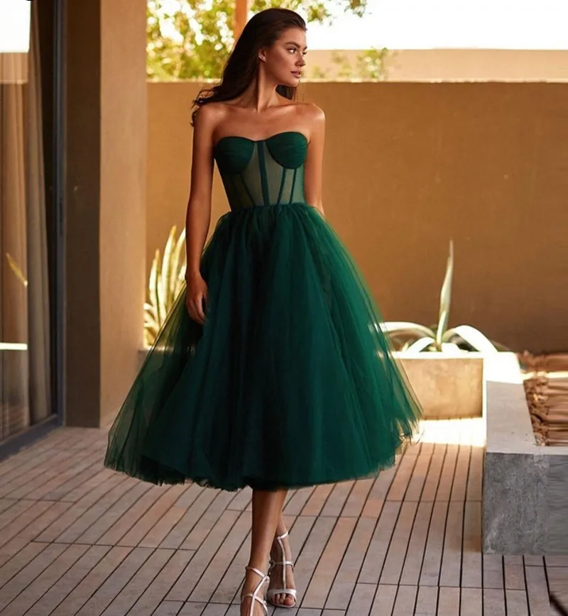 Vestidos cortos De tul verde oscuro para baile De graduación, corsé transparente, largo hasta el té, vestido Formal De fiesta De regreso a casa, 2024