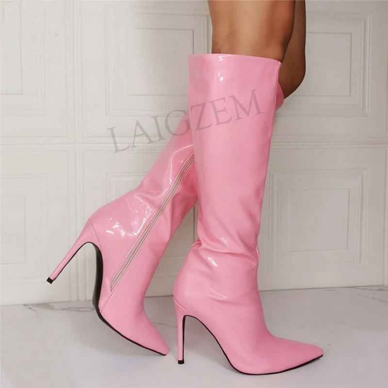 DOBANER Women Knee High Boots Side Zip Stiletto High Heels Boots Shiny Ladies Donne Stivali Shoes Woman Plus Size 42 43 45 47