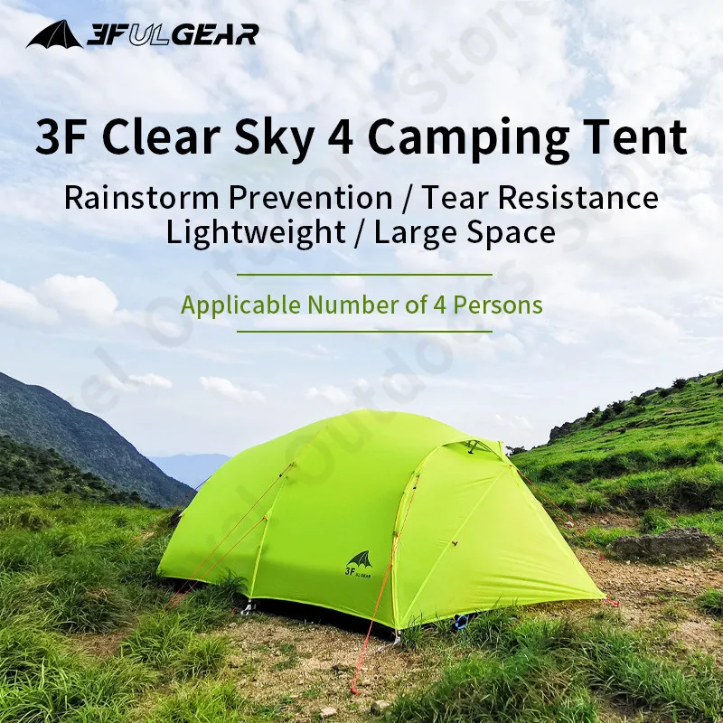 

3F UL GEAR Tent Waterproof 5000mm 4 Persons Large Space Ultralight 15D Silicone Outdoor 3-4 Season Camping Tent With Free Mat