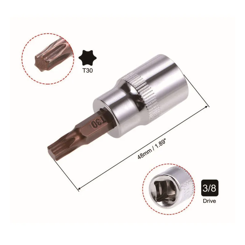 5 Pcs 3/8-Inch Drive Socket Bit Torx T30 T40 T45 S2 Steel 50mm Panjang