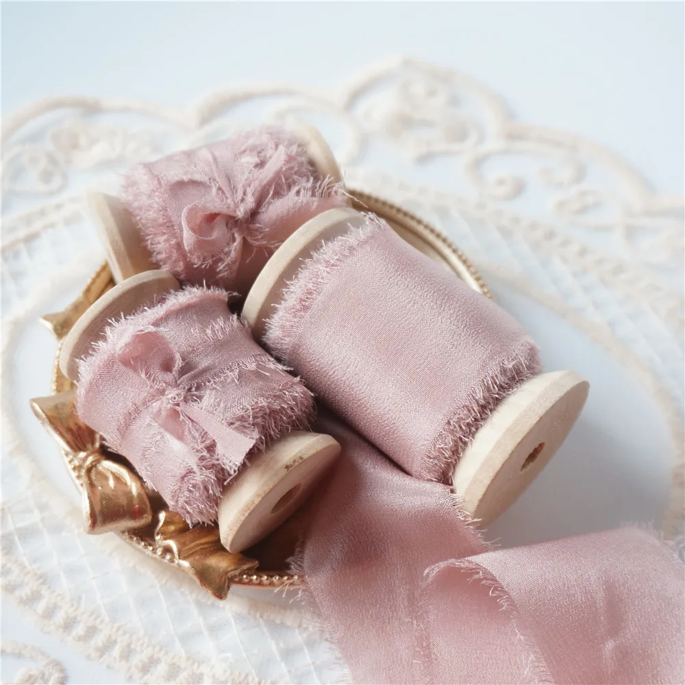 ins style silk ribbon 5mts/roll woodenspools 100% Pure Silk Frayed Edged Ribbon dusty pink wedding packaging pure silk ribbon