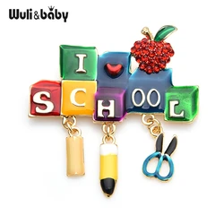 Wuli&baby Enamel School Letters Heart Apple Pencil Brooch Pin For Student and Teacher Fashion Jewelry Gift