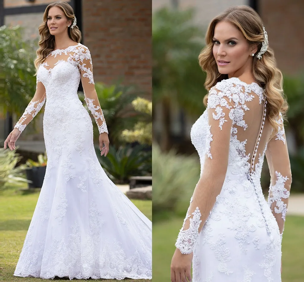 Áo Thun Tay Dài Cô Dâu Áo Cưới Nàng Tiên Cá Boho 2023 Ren Appliques Bohemian Cô Dâu Đồ Bầu Plus Size Đầm Vestido De Mariee