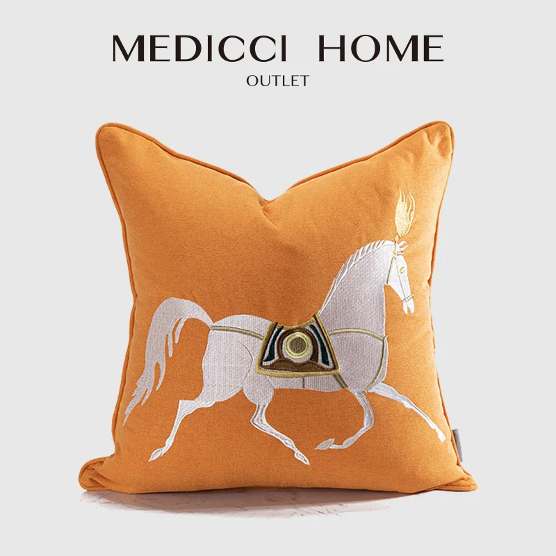 Medicci Home Cushion Cover Modern Style Sofa Pillowcase Light Luxury Horse Embroidered H Orange Cussion Cover Ready For Shipping