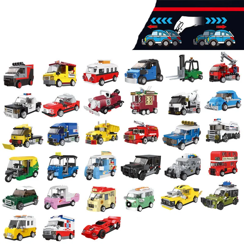 Mini Racing Car Bus Police Engineering Vehicle Ambulance Pull Back Model DIY Building Brick Toys For Children Boys Kids