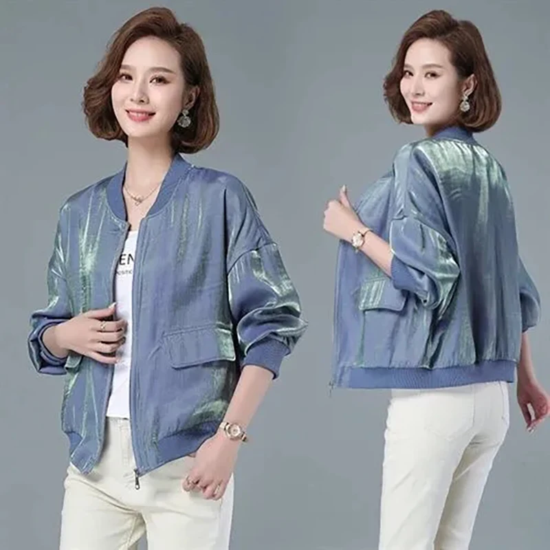 Shiny Short Jacket For Women Spring Autumn Fashion Loose Baseball Jacket Plus Size Female Thin Casual Cropped Coat Trend Outwear