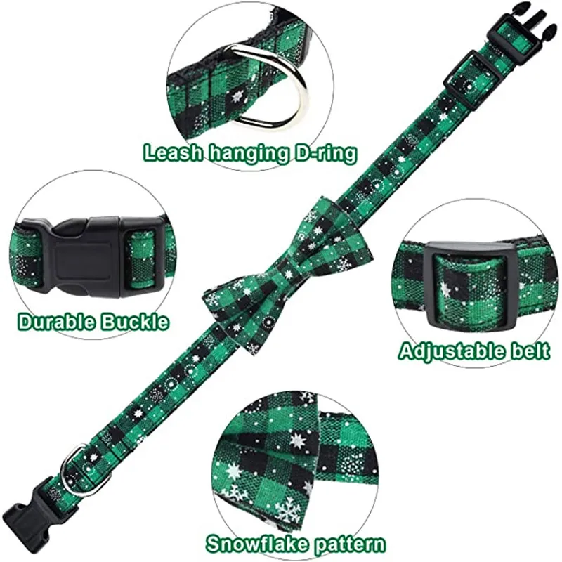 2022 Christmas Adjustable Dog Collar With Bow Knot Lattice Snowflake Design Buckle Suitablefor Small Medium Large Dogs Teddy Pug