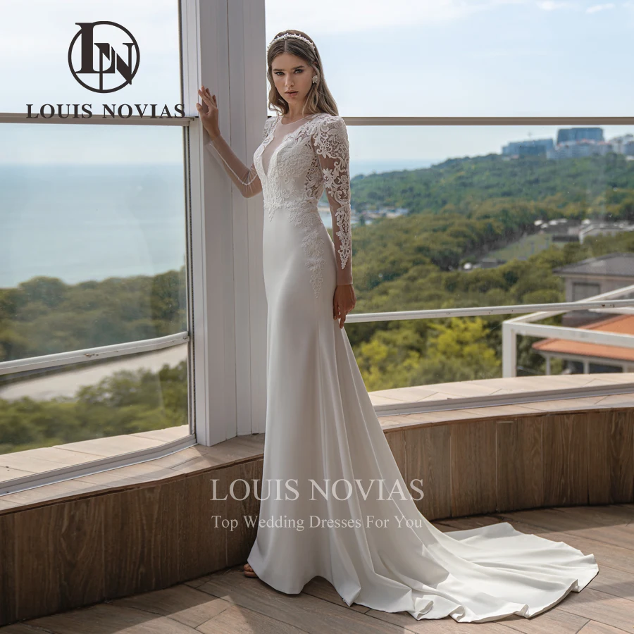 LOUIS NOVIAS Mermaid Wedding Dress 2022 Satin Long Sleeve Embroidery V-Neck Backless 2 In 1 Detachable Train Ruched Bridal Gown