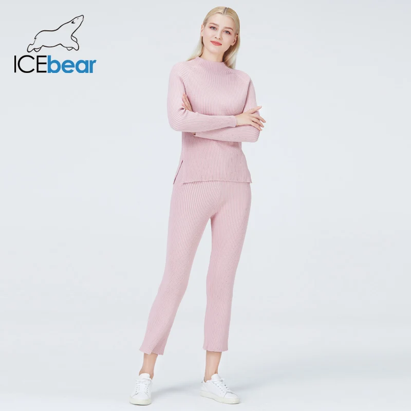 icebear 2022 fall female knitted tracksuit o-neck sweater casual suit winter knit pants sporting suit femme clothing NB-2322