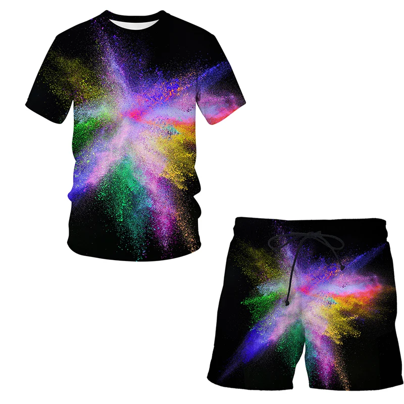 2022 Summer 3D Speckled tie dye pattern Casual Men's T-shirt Shorts Set Men's Sportswear Cool O Neck Casual Short Sleeve Tops