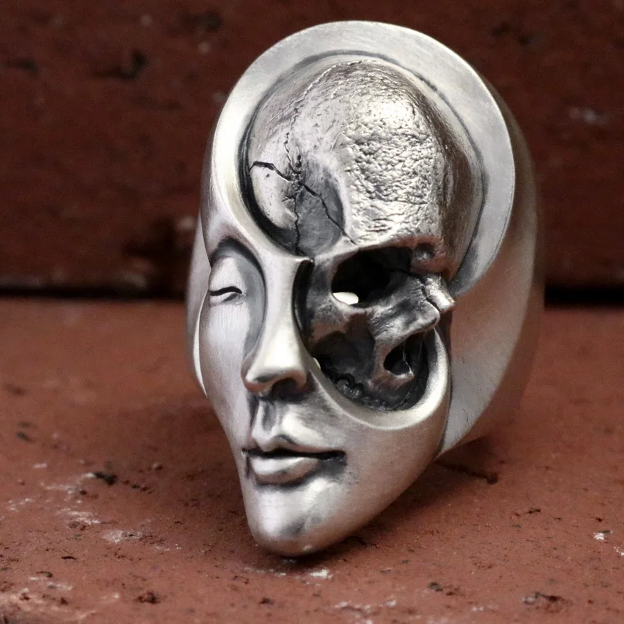 

EYHIMD Unique Design Human Duality Hide Yin and Yang Skull Rings Men's Punk Goth Stainless Steel Biker Ring Women Jewelry