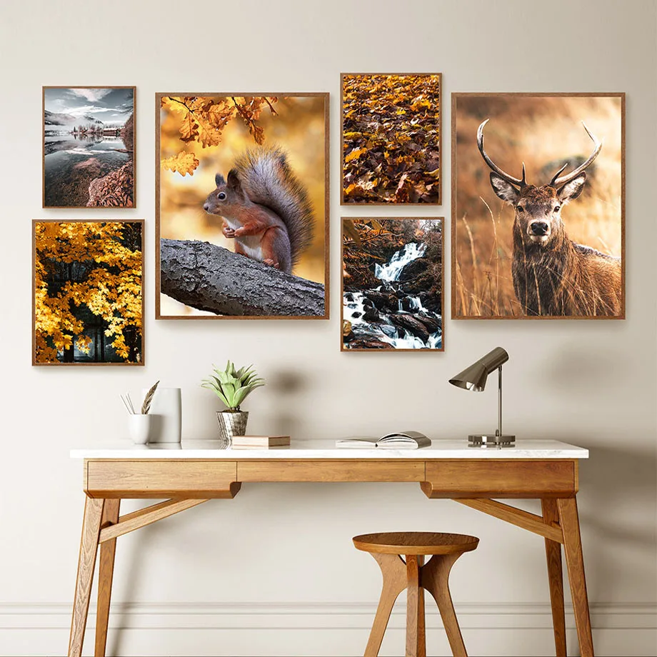 Autumn Forest Leaf Deer Squirrel Mountain Lake Wall Art Canvas Painting Nordic Posters And Prints Pictures For Living Room Decor