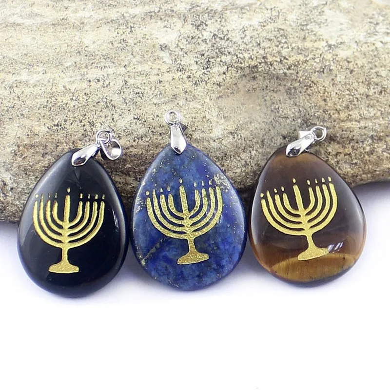 Classic Mens Judaism Hebrew Natural Stone Necklace Women Jewish Candlestick Faith Lamp Hanukkah Pendant Jewelry Gift