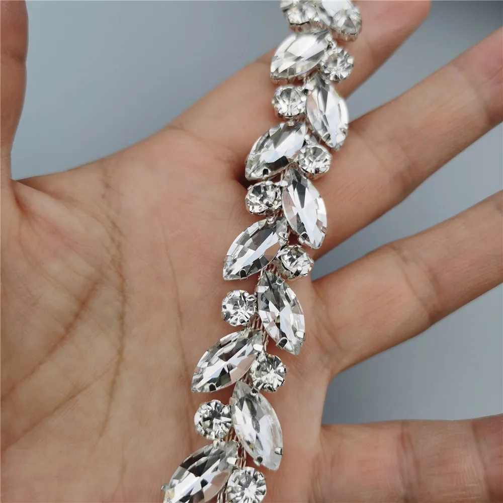 1 feet Leaf Silver Glass Crystal Chain Bling Rhinestone Trim Metal Ribbon Necklace Decoration Wedding Dress Clothing Accessories