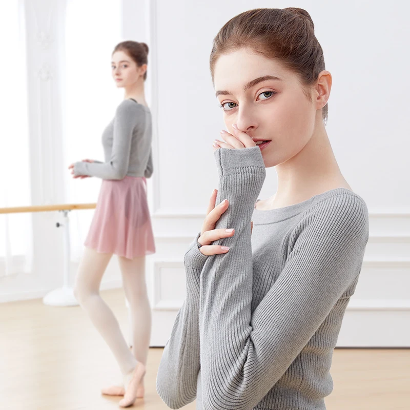 Pull thermique de ballet pour femme, gris, court de danse, manteau de ballet, pull à manches longues, col bateau, pull de danse d'hiver