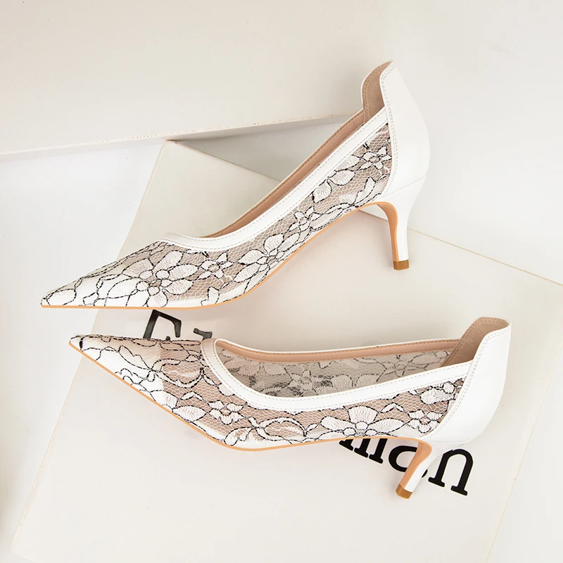 Sexy Party High Heel Shallow Pointed Side Hollow Water Drill Lace Women's Single Shoes Wedding Shoes Large Size Female Shoes