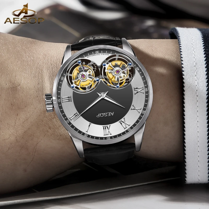 Aesop Double Tourbillon Mechanical Wristwatch for Men Sapphire Real Original Flying Tourbillon Mens Manual Movement Watches 7026