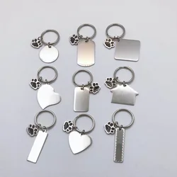 100% Stainless Steel Blank Paw Print House Heart Rectangle Dog Tag Charm Keychain Key Ring For Engrave Mirror Polished 10pcs