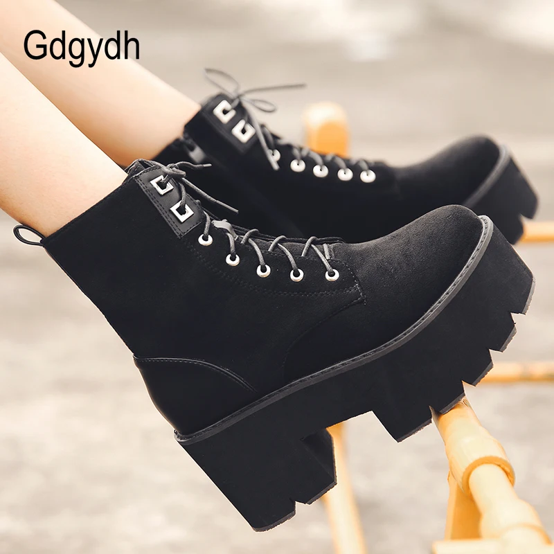 Gdgydh Lace Up Combat Boots Chunky Heel Autumn Punk Black Platform Boots Women Winter Rave Shoes Plush Inside Suede Leather