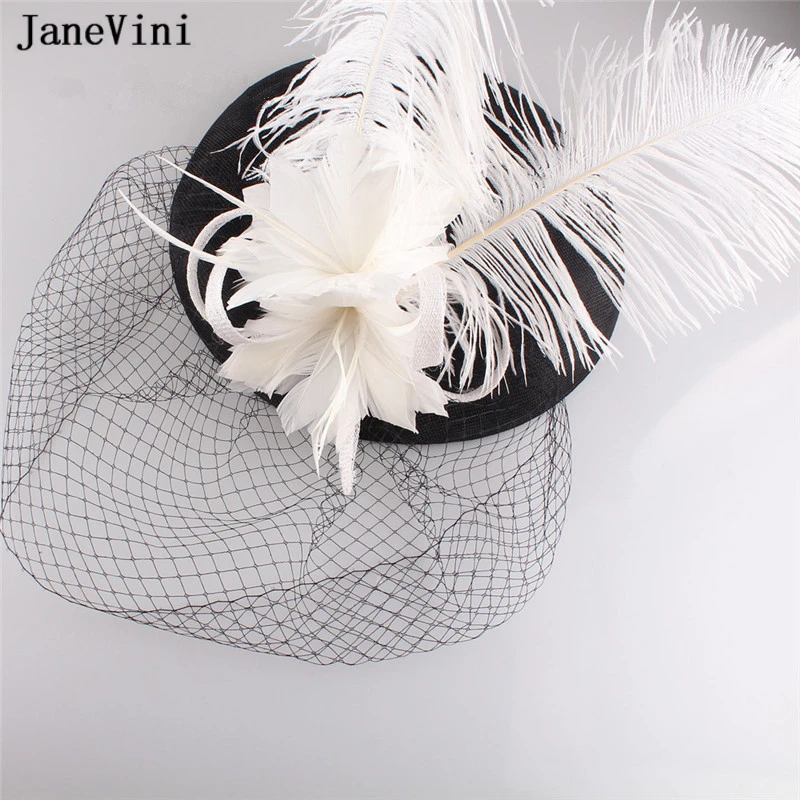 JaneVini Ivory Bridal Wedding Hats Facinators for Women Linen Mesh Headpiece Hat Feathers Fancy Veils Fashion Halloween Headwear