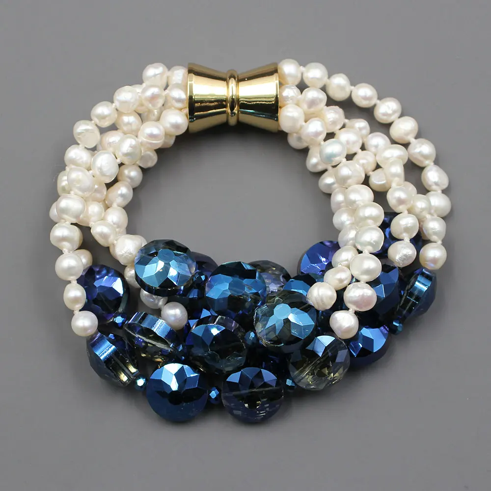 

GuaiGuai Jewelry 5 Rows Natural White Potato Pearl Blue Glass Crystal Coin Bracelet Handmade For Lady